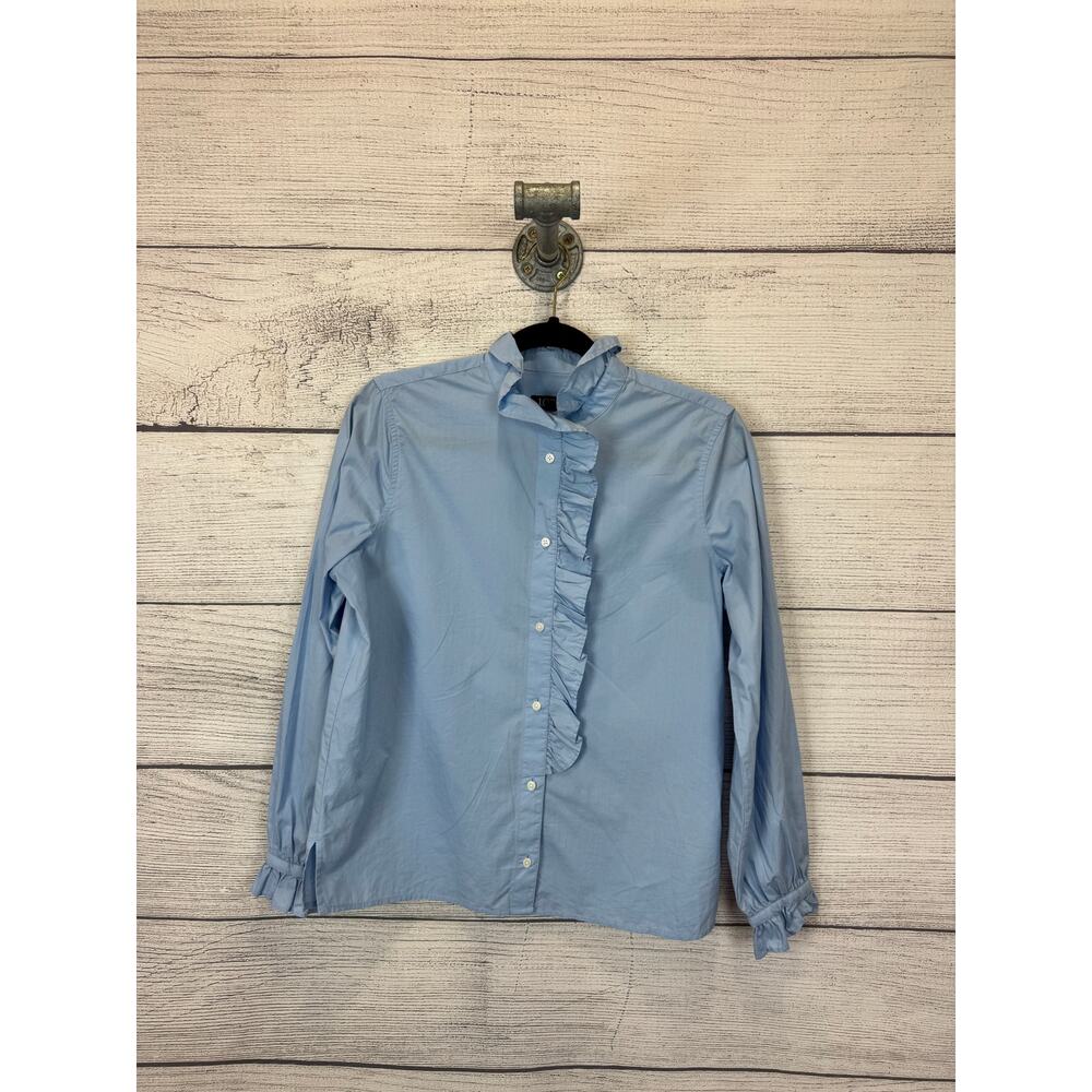 J.Crew Women's Light Blue Cotton Poplin Cottage Ruffle Button Up Top Size 4